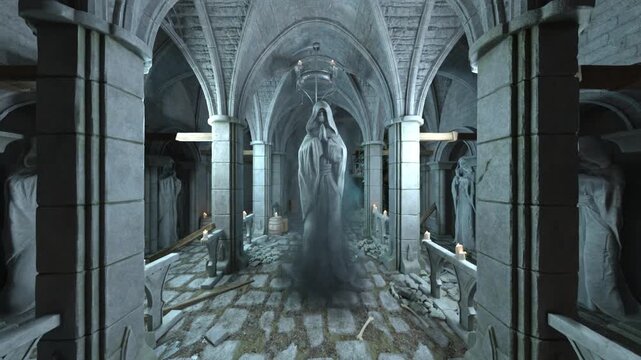 修道士の像がある広間　3DCGレンダリング