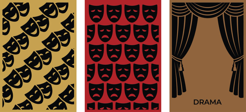 Set of theater drama posters with masks and stage curtains