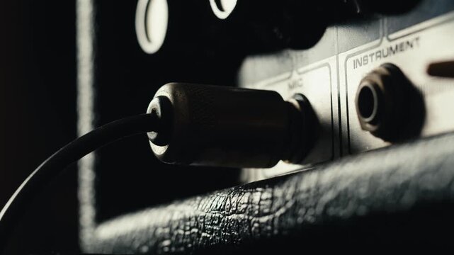 Close-up of plugging a jack into a bass guitar amplifier and turning up the volume knob, live concert show, playing music on guitar tube amplifier.