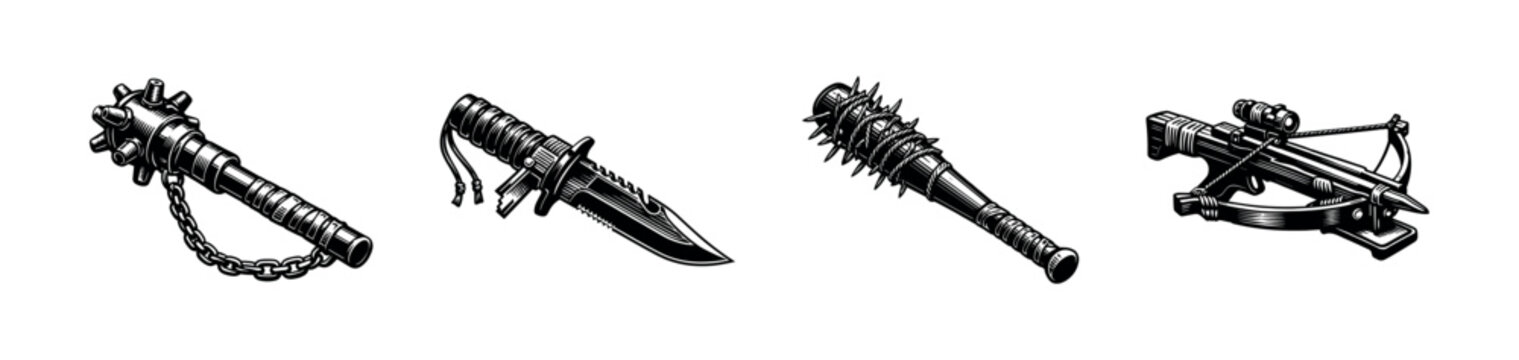 Vector illustration of medieval weapons including crossbow sword and spiked bat in black and white silhouette