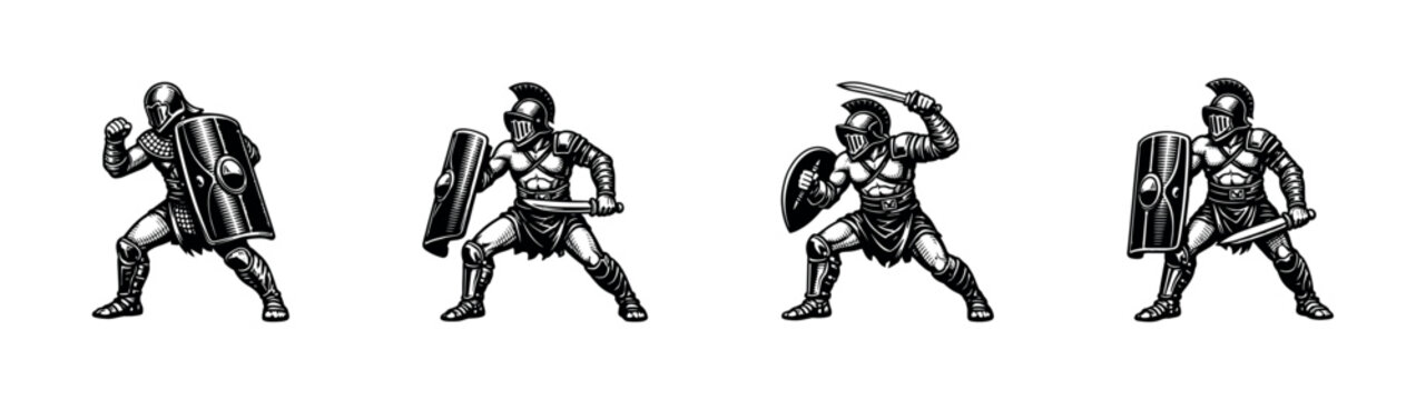 Black and white gladiator warriors, vector illustration, silhouette, historical battle scene