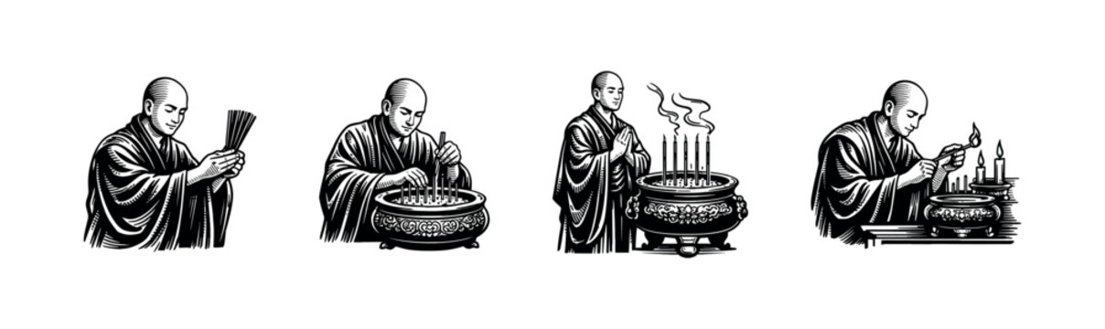 Monks lighting candles and offering incense stick illustrations in black and white vector style