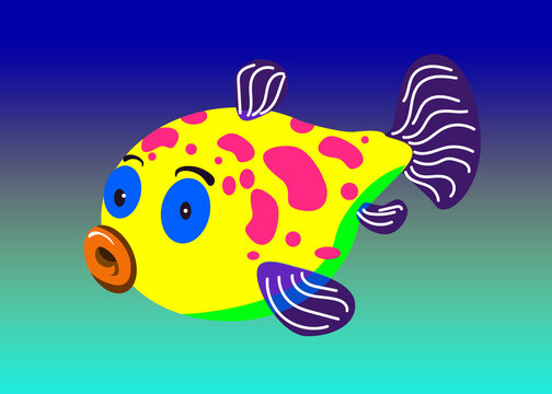 Yellow cute fish colorful illustration. Blue underwater background.