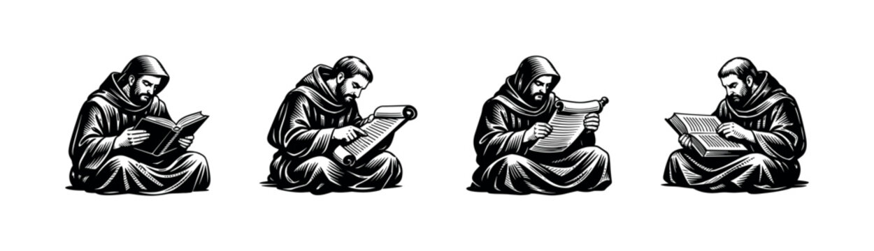 Monks reading and writing, black and white vector silhouette illustrations