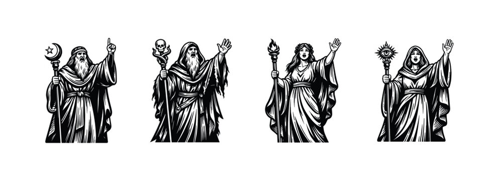 Black and white vector illustration of mystical figures with torches and robes in silhouette