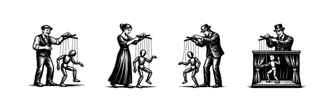 Vintage puppet master illustration, black and white silhouette, wooden marionette puppets in classic style
