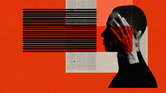 Contemporary urban collage featuring an anonymous male head and expressive hand gesture against a deep red background, bold graphic shapes and magazine textures, modern art,