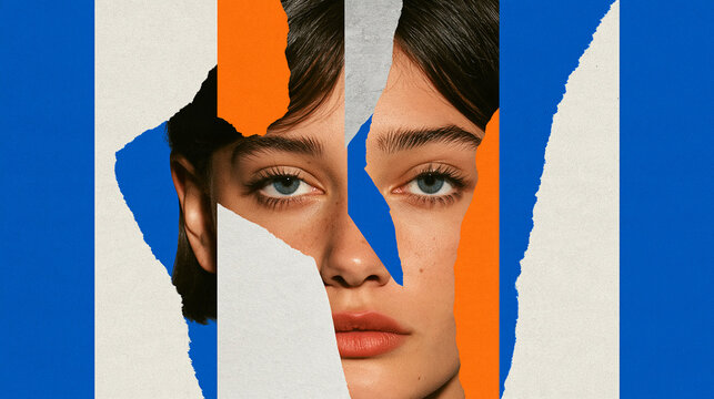 Artistic portrait created with collage technique, fragmented facial elements, torn paper edges, bold color blocking and layered textures, contemporary fashion art, creative