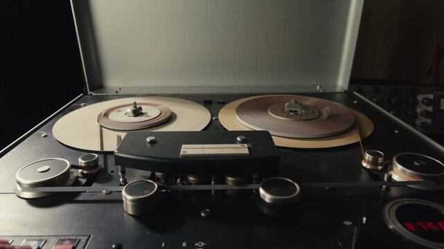 Tape audio music player, studio magnetic tape, vintage retro spool reel to reel player and recorder, magnetic tape data storage close up, music studio. 