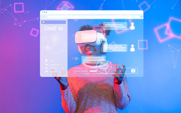 A joyful individual engages with an advanced virtual reality headset, exploring a chatbot interface amidst a vibrant digital backdrop representing technological advancement. XDMCP