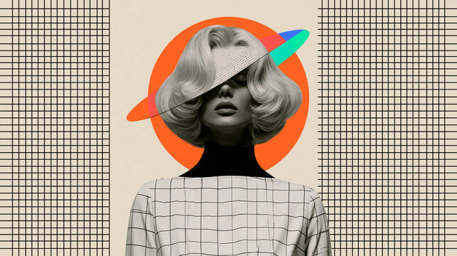 Vintage-inspired pop collage featuring an anonymous glamorous woman over a monochromatic pattern with colorful graphic accents, retro fashion, editorial art, contemporary poster,
