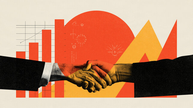 Abstract contemporary business collage featuring hands, charts, geometric forms, digital symbols and bold retro colors, teamwork, innovation, success, technology, creative