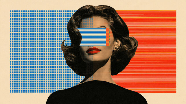Vintage-inspired pop collage featuring an anonymous glamorous woman over a monochromatic pattern with colorful graphic accents, retro fashion, editorial art, contemporary poster,