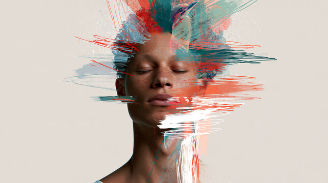 Artistic double exposure portrait of an anonymous male model with closed eyes, blended with colorful hand-drawn paint strokes and abstract textures, emotional contemporary art,