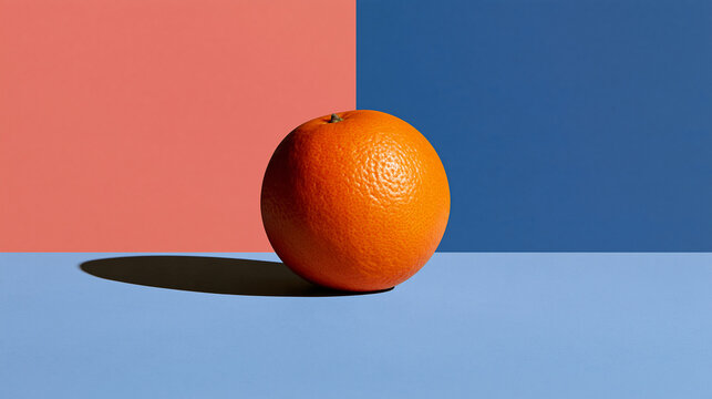 Surreal minimalist still life featuring a bright tropical fruit floating between contrasting pink and blue geometric backgrounds, playful contemporary art, colorful concept,