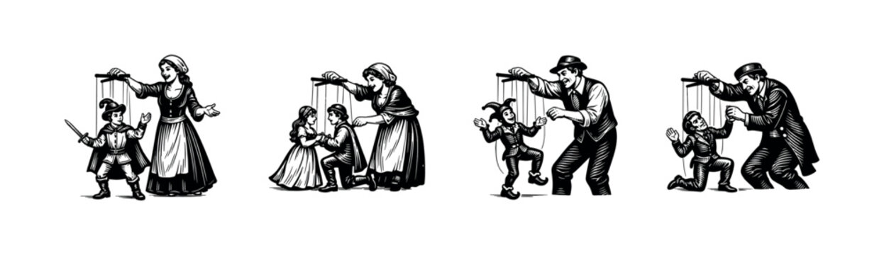 Black and white vintage vector illustrations of puppet masters and marionettes in classic attire