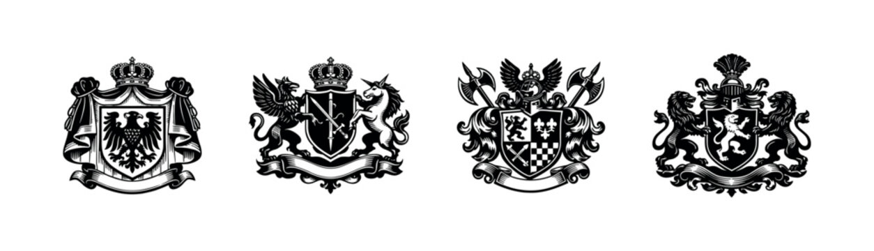 Regal crest silhouette collection, black and white vector illustration of heraldic elements