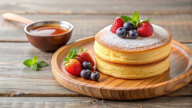 Soft, fluffy Japanese-style souffle pancake on a wooden plate with fresh fruit and syrup, yum