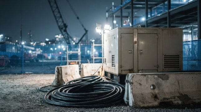Diesel generator beside concrete barriers and coiled power cables at a data center construction site
