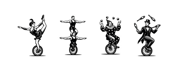 Circus performers on unicycles black and white vector illustration © Compositor 