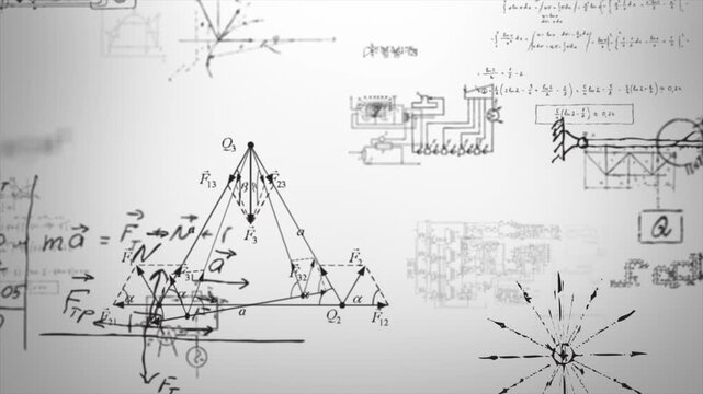Engineering blueprints motion graphics showing complex technical diagrams and physics animation