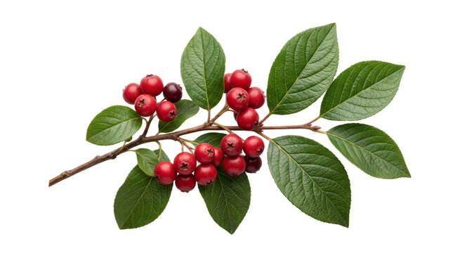 Fresh Red Cotoneaster Berries with Green Leaves Isolated on a Pure White Background for Seasonal Botanical Decoration