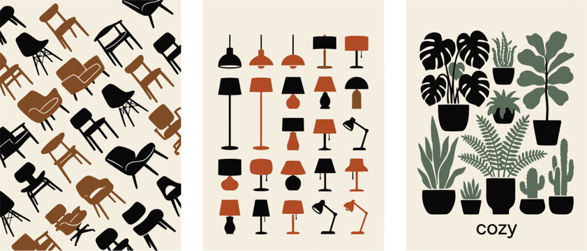 Modern furniture and indoor plants collection set
