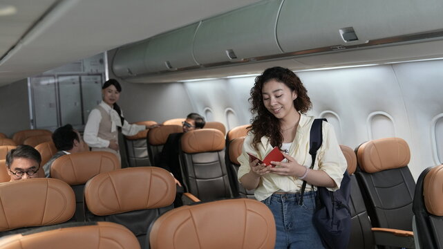 happy tourist girl on plane