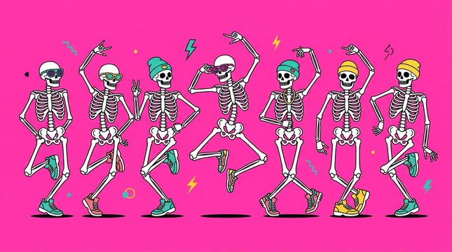 Skeletal characters groove to music with vibrant, dynamic style