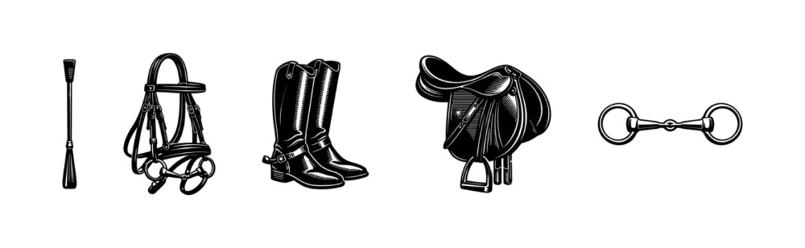 Equestrian equipment silhouette vector illustration horse saddle bridle riding boots