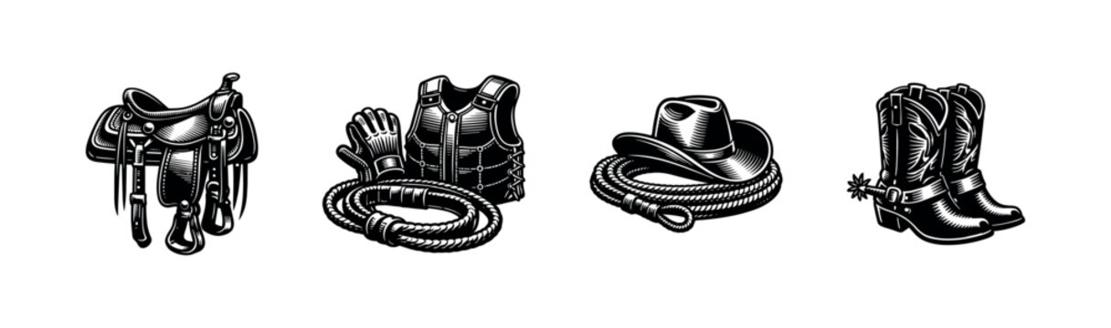 Western cowboy gear vector illustration set, including boots, hat, vest, and saddle in black and white silhouette