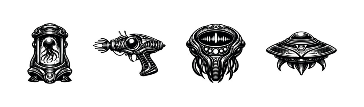 Retro futuristic space elements vector illustration featuring ufo ray gun alien spaceship capsule