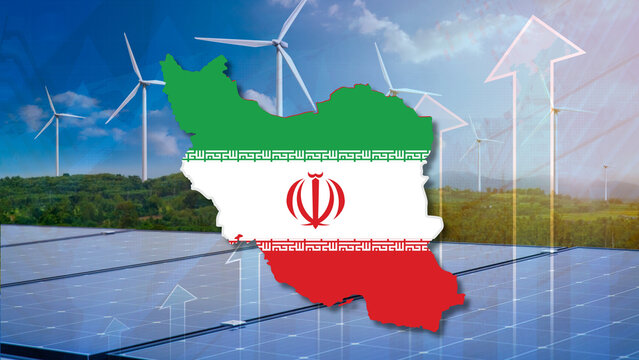 Rising growth in Iran renewable energy and green sector. Iran map flag overlaying solar panels and wind turbines with rising charts , economic data indicators. Sustainable clean energy market economy