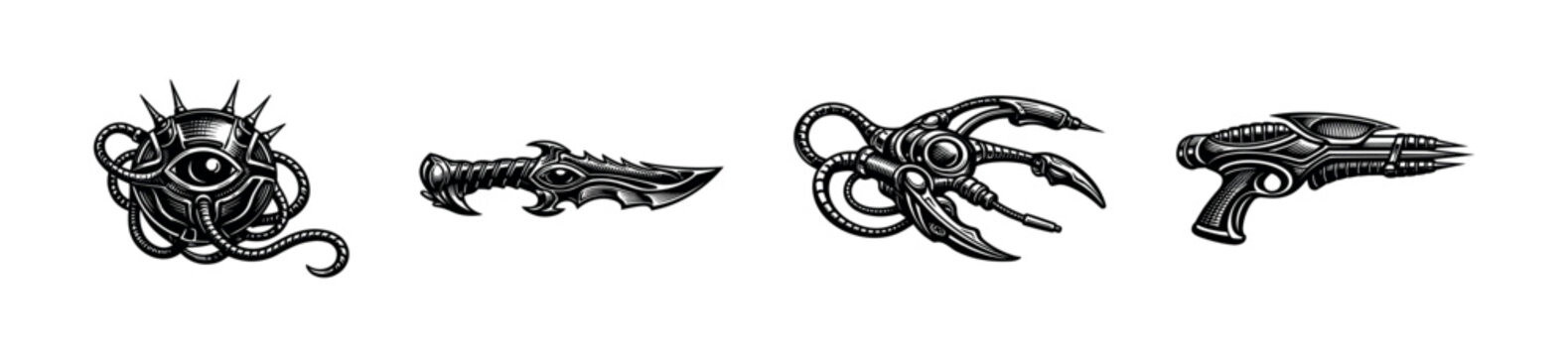 Futuristic sci-fi weaponry illustration, black and white clipart, alien technology silhouette