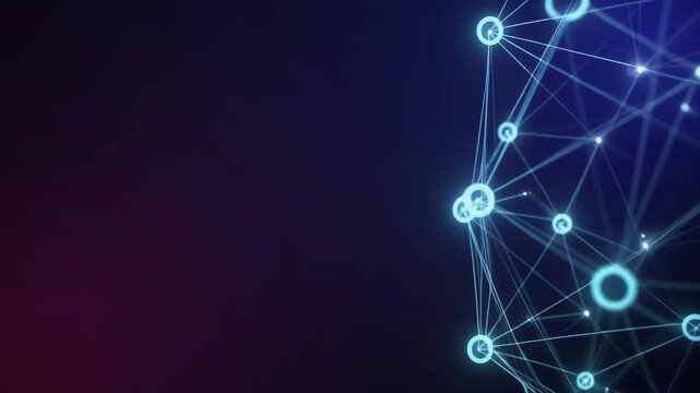右側に配置された発光するデジタルネットワークとノードの抽象背景