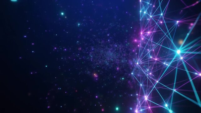 右側に配置された交差するノードと線の光るデジタルネットワークの背景