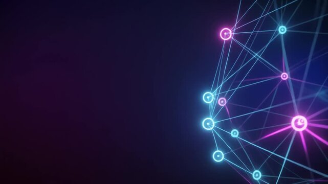 明るいネオンノードとレーザーのような細い線で構成されたホログラムネットワーク