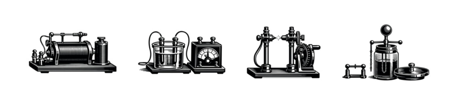 Vintage scientific equipment illustration, laboratory instruments, black and white vector silhouette