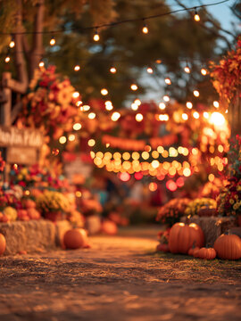 Festive fall market lane with orange pumpkins, flower displays and warm hanging lights in soft focus for harvest promotion and seasonal advertising backgrounds