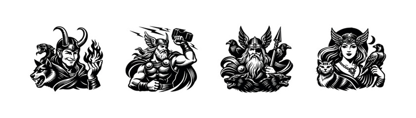 Obraz premium Nordic mythology characters vector illustration, black and white silhouette style