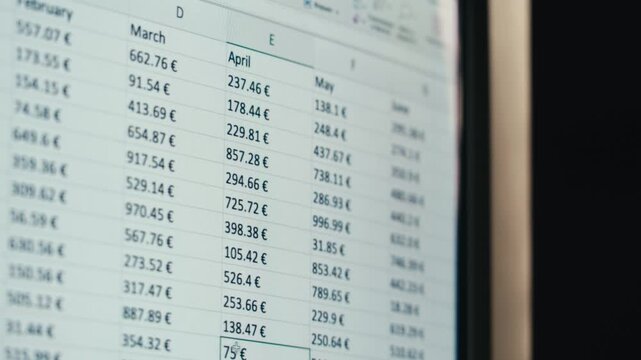 Close-up of financial cash flow data on PC screen. Mortgage payment sheet schedule. Loan fee