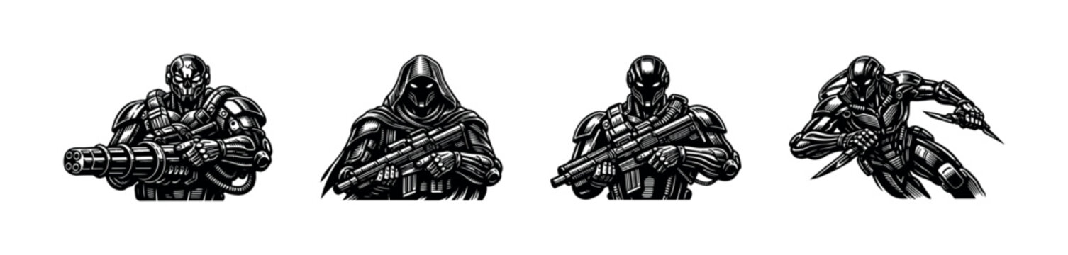 Futuristic robot soldiers, sci-fi characters in black and white vector silhouettes