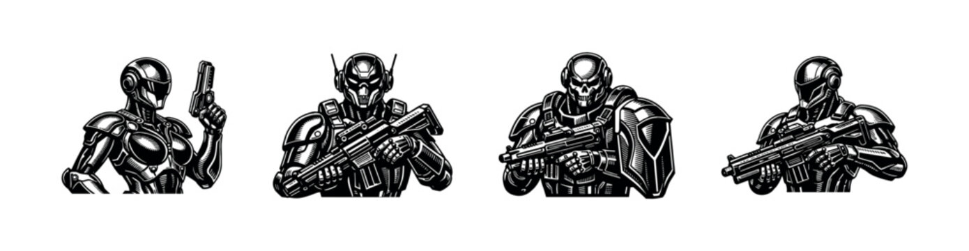 Futuristic robot soldiers illustration, black and white silhouette style, vector elements