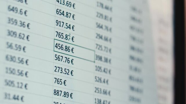 Close-up of financial cash flow data on PC screen. Mortgage payment sheet schedule. Loan fee