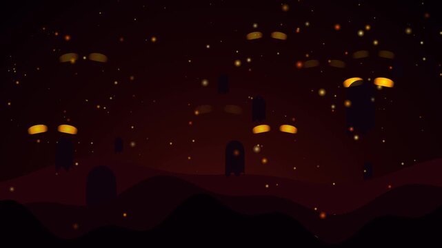 A spooky Halloween motion graphic featuring rising fire embers, glowing eyes in the dark, floating ghost silhouettes, and rolling eerie smoke.