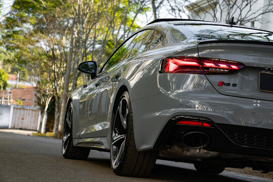 Grey Audi RS5 Sportback Performance Sports Sedan Rear Three Quarter Low Angle View