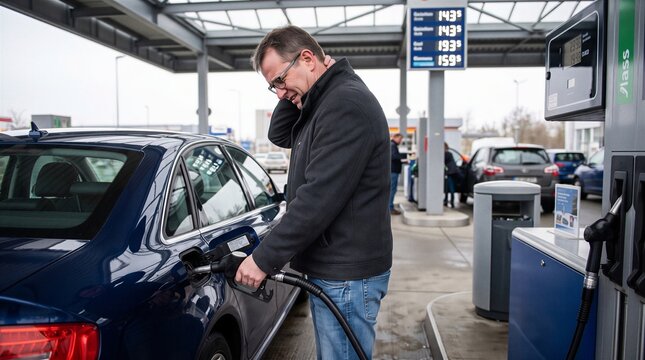 Adult man wearing glasses is refueling his blue sedan at a gas station during the day.