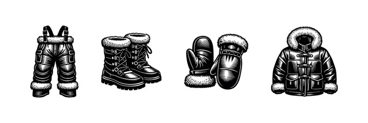Winter clothing illustration, jacket mittens boots and overalls, black and white silhouette vector © Compositor 
