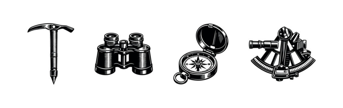 Black and white vector illustration of nautical and exploration tools silhouette