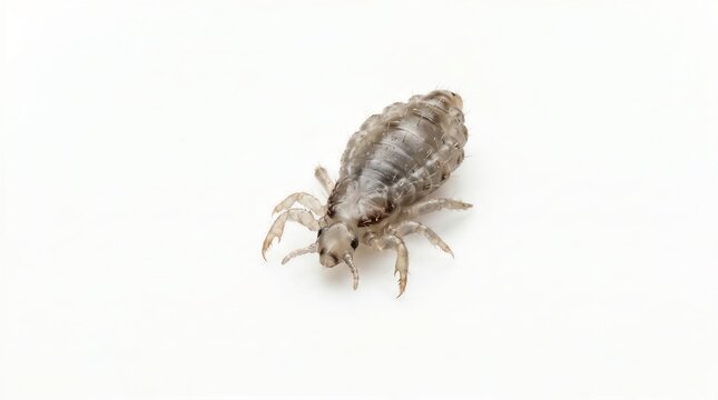Macro close-up view of a head louse parasite on a clean white background for medical and hygiene education.